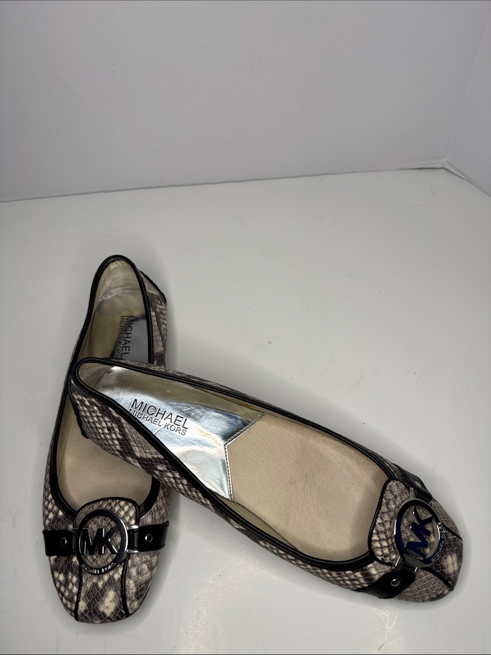 MICHAEL Michael Kors Snake-Print MK Logo Ballet Flats in Black and Beige